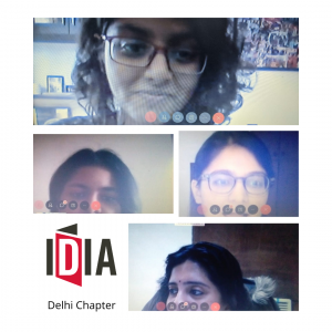 Four screenshots of people talking over a video chat. IDIA Logo. Text saying "Delhi Chapter" below the logo.